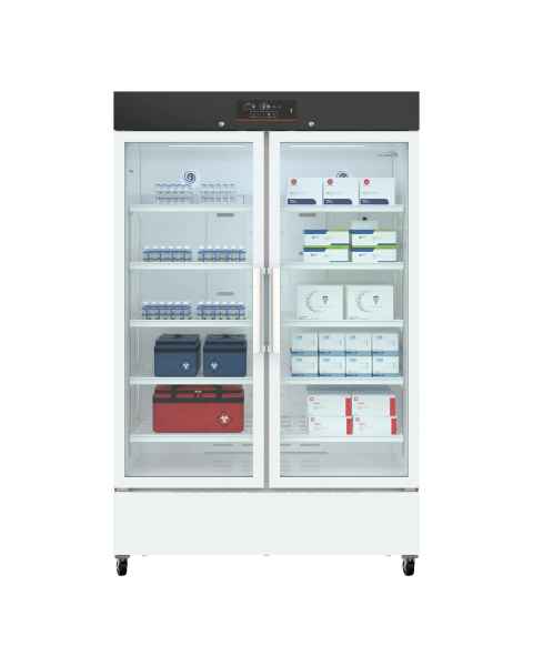 Koolmore KM-PHR-35C Medical Pharmacy Refrigerator with 10 Shelves, Double Glass Doors, 35 Cubic Feet - Front View (Contents are Not Included)