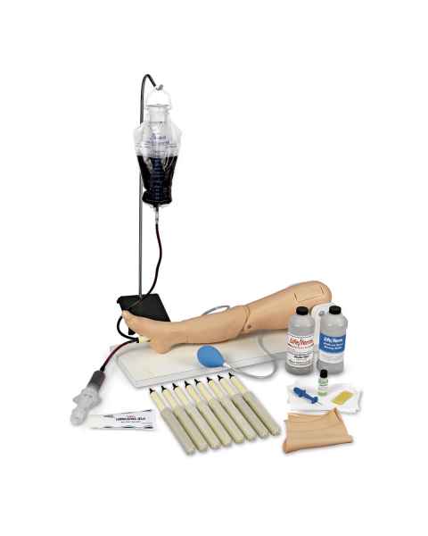 The Life/form® Intraosseous Infusion/Femoral Access Leg is mounted on a stand for use as an independent skills station. Features for intraosseous infusion practice include: palpable landmarks including the patella, tibia, and tibial tuberosity, replaceabl