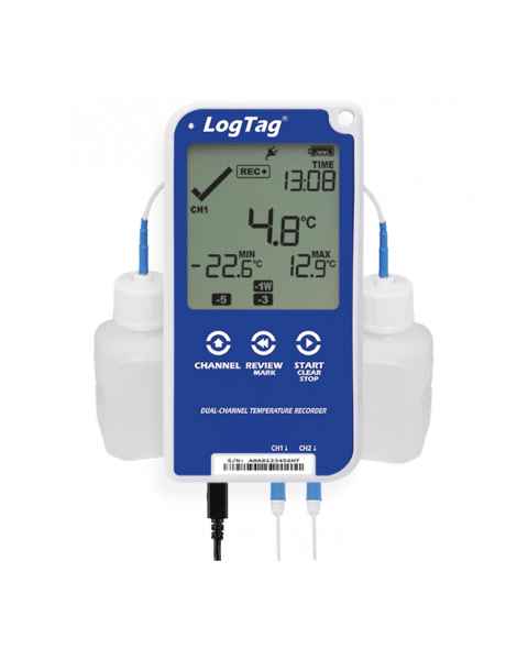 Thermco LTUTRED3016 Dual-Channel Temperature Data-Logger with LCD Display - Front View with Buffer Bottles