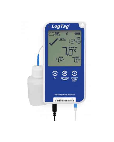 Thermco LTUTRED30WIFI WiFi Data Logger with LCD Display - Front View with Buffer Bottle