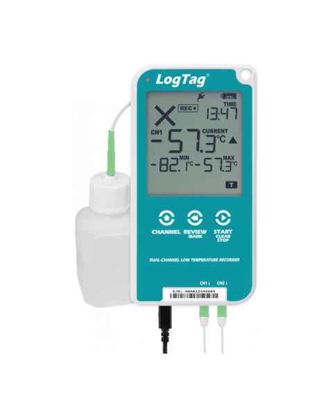 Thermco LTUTREL3016 Dual-Channel Ultra-Low Temperature Data Logger with LCD Display - Front View with Buffer Bottle