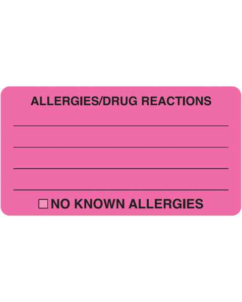 ALLERGIES DRUG REACTIONS Label - Size 3 1/4"W x 1 3/4"H - Fluorescent Pink