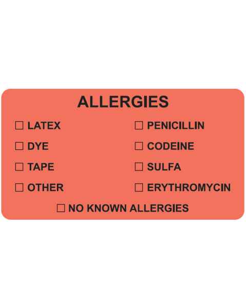 ALLERGIES Label - Size 3 1/4"W x 1 3/4"H