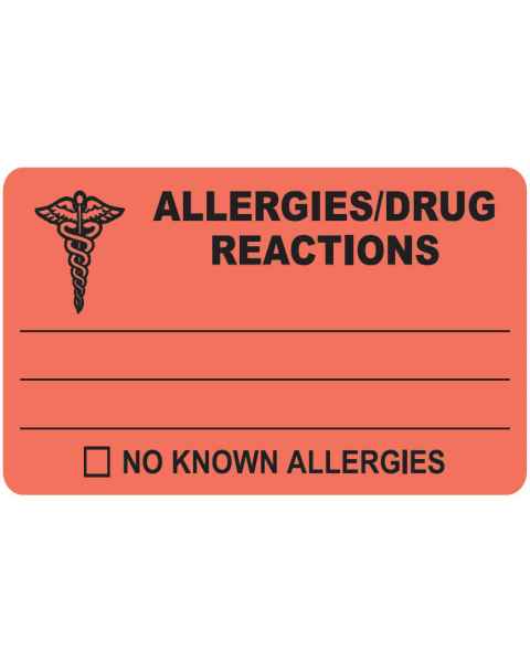 ALLERGIES DRUG REACTIONS Label - Size 4"W x 2 1/2"H