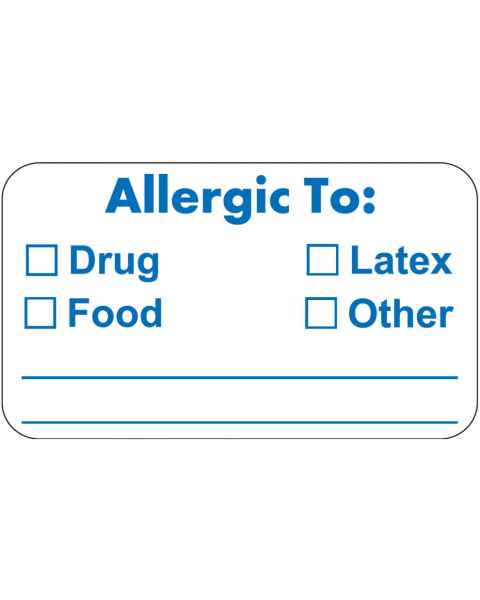 ALLERGIC TO Label - Size 1 1/2"W x 7/8"H - Blue on White