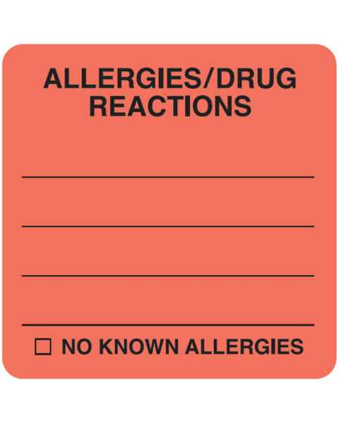 ALLERGIES DRUG REACTIONS Label - Size 2"W x 2"H