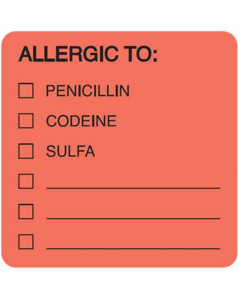 ALLERGIC TO Label - Size 2"W x 2"H