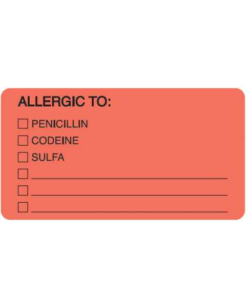 ALLERGIC TO Label - Size 3 1/4"W x 1 3/4"H - Fluorescent Red