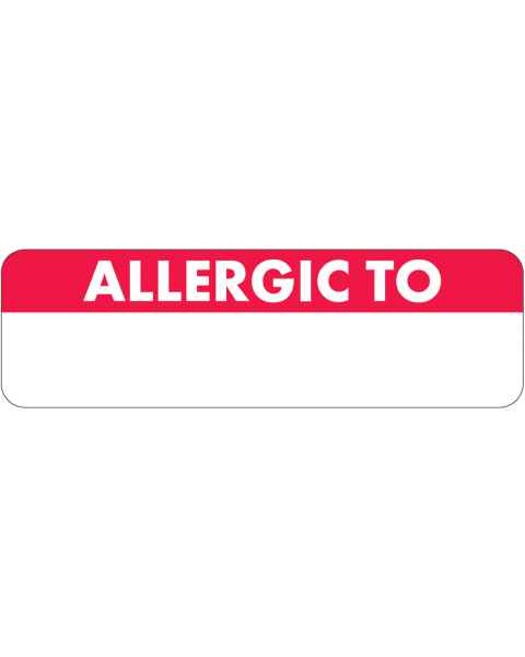 ALLERGIC TO Label - Size 2 1/2"W x 3/4"H - White Font on Red and White Label