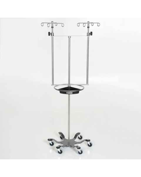 MidCentral Medical MCM286 Stainless Steel Double IV Pole with Steering Wheel and Tray