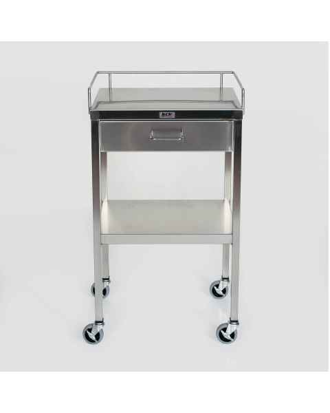 MidCentral Medical MCM520 Stainless Steel Utility Table with 1 Drawer, Lower Shelf and 3-Sided Top-Guardrail