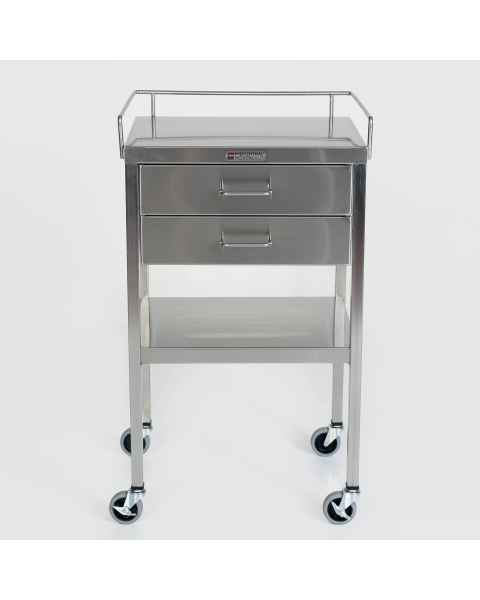 MidCentral Medical MCM521 Stainless Steel Utility Table with 2 Drawers, Lower Shelf and 3-Sided Top-Guardrail