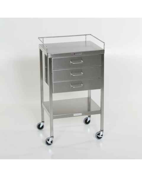 MidCentral Medical MCM522 Stainless Steel Utility Table with 3 Drawers, Lower Shelf and 3-Sided Top-Guardrail