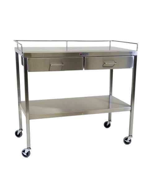 MidCentral Medical MCM524 Stainless Steel Utility Table 20" W x 38" L x 34" H, with 2 Drawers, Lower Shelf and 3-Sided Top-Guardrail