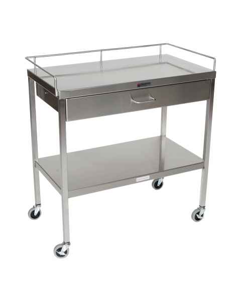 MidCentral Medical MCM526 Stainless Steel Utility Table 18" W x 33" L x 34" H, with 1 Drawer, Lower Shelf and 3-Sided Top-Guardrail