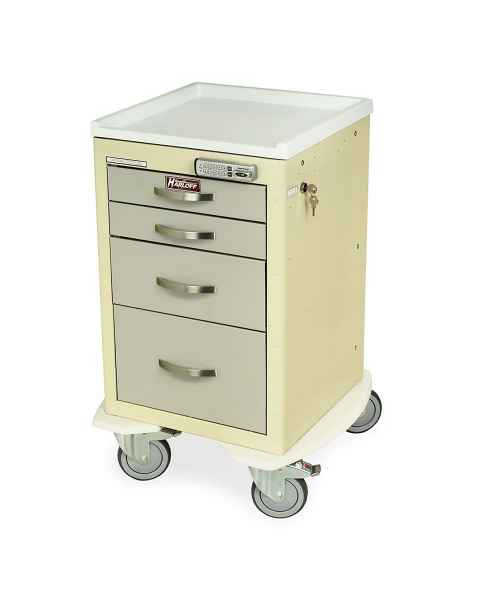 Harloff MDS1821E14 M-Series Mini Width X-Short Procedure Cart Four Drawers with Basic Electronic Pushbutton Lock.  Shown with a Beige body and Light Gray drawers.