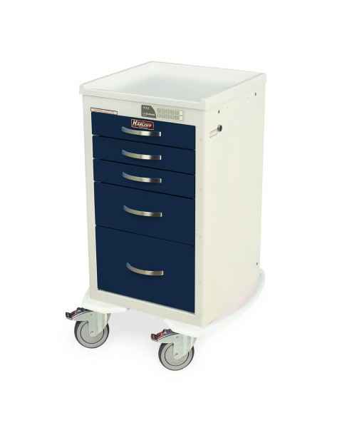 Harloff MDS1824EKC05 M-Series Mini Width Short Anesthesia Procedure Cart Five Drawers with Electronic Keypad Lock. Color shown with a White body and Navy drawers.