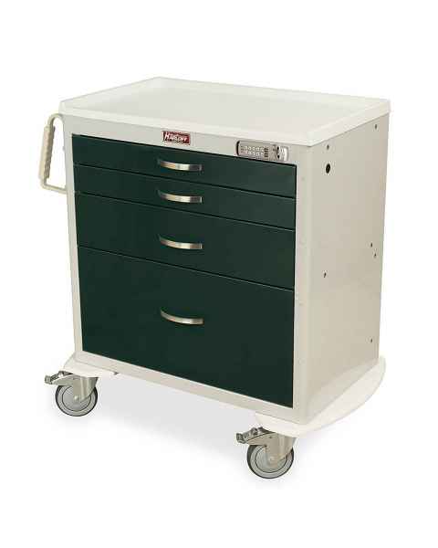Harloff MDS3024E14 M-Series Standard Width Short Anesthesia Cart Four Drawers with Basic Electronic Pushbutton Lock. Cart shown with a Light Gray body color and a Forest Green drawer color.