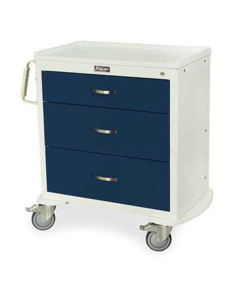 Harloff MDS3024K03 M-Series Standard Width Short Medical Cart Three Drawers with Key Lock.  Color shown is a White body with Navy drawers.