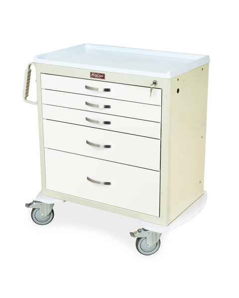 Harloff MDS3024K05 M-Series Standard Width Short Anesthesia Cart Five Drawers with Key Lock.  Color shown is a Beige body with White drawers.