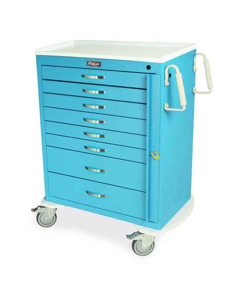 Harloff MDS3030B08 M-Series Standard Width Tall Emergency Cart Eight Drawers with Breakaway Lock.  Color shown is Light Blue.