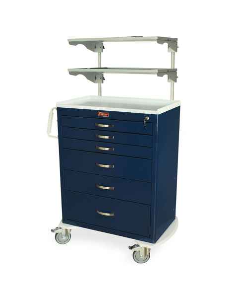 Harloff MDS3030K06+MD30-ADJSHLF2-XBAR M-Series Standard Width Tall Medical Equipment Cart Six Drawers with Key Lock, Height Adjustable Overhead Shelves