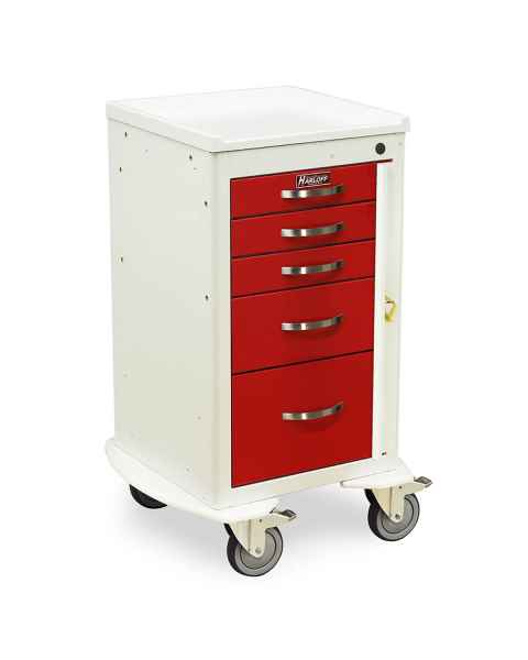Harloff MPA1824B05 A-Series Lightweight Aluminum Mini Width Short Emergency Crash Cart Five Drawers with Breakaway Lock.  Color shown with a White body and Red drawers.