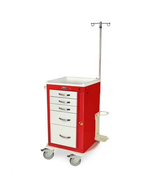 Harloff MPA1824B05+MD18-EMG A-Series Lightweight Aluminum Mini Width Short Emergency Crash Cart Five Drawers with Breakaway Lock, MD18-EMG Package.   Color shown with a Red body and White drawers.