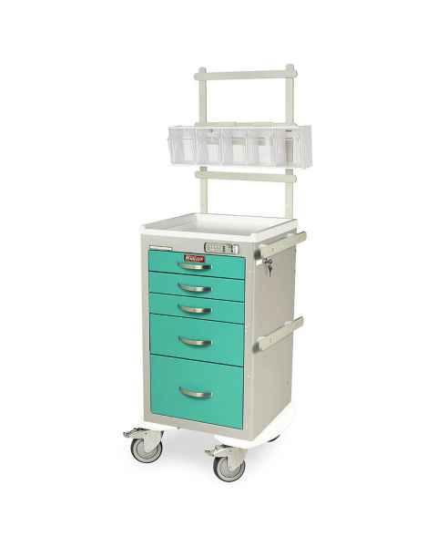 Harloff A-Series Lightweight Aluminum Mini Width Short Anesthesia Cart Five Drawers with Basic Electronic Pushbutton Lock, MD18-ANS Package.
Color shown with Light Gray body and Teal drawers.