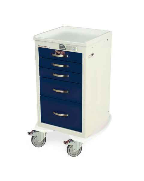 Harloff MPA1824EKC05 A-Series Lightweight Aluminum Mini Width Short Anesthesia Cart Five Drawers with Electronic Keypad Lock.  Color shown with a White body and Navy drawers.