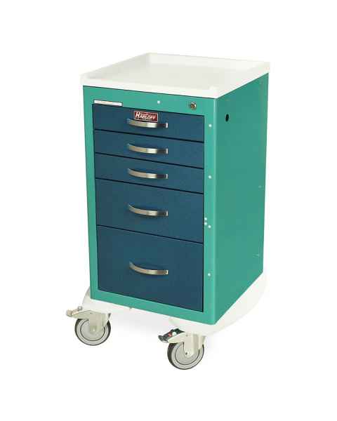 Harloff A-Series Lightweight Aluminum Mini Width Short Anesthesia Cart Five Drawers with Key Lock.
Color shown with Teal body and Hammertone Blue drawers.