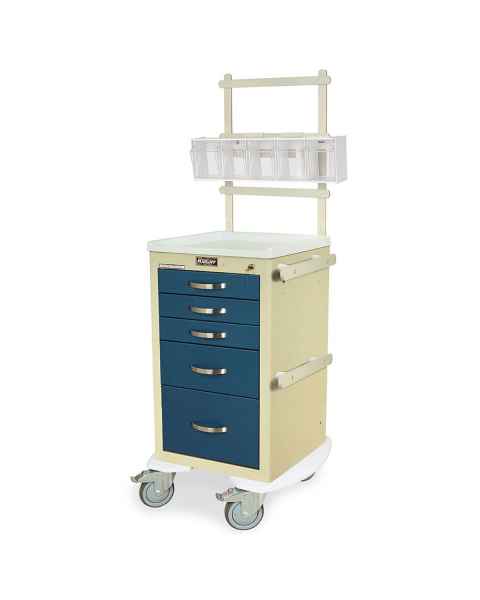 Harloff MPA1824K05+MD18-ANS A-Series Lightweight Aluminum Mini Width Short Anesthesia Cart Five Drawers with Key Lock, MD18-ANS Package.  Color shown with a Beige body and Hammertone Blue drawers.