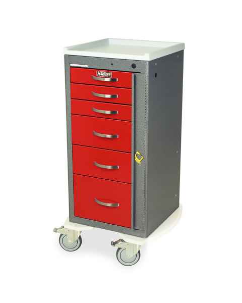 Harloff MPA1830B06 A-Series Lightweight Aluminum Mini Width Tall Emergency Crash Cart Six Drawers with Breakaway Lock.  Color shown with a Hammertone Gray body and Red drawers.