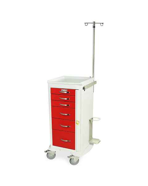 Harloff MPA1830B06+MD18-EMG A-Series Lightweight Aluminum Mini Width Tall Emergency Crash Cart Six Drawers with Breakaway Lock, MD18-EMG Package.  Color shown with a White body and Red drawers.