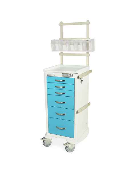 Harloff MPA1830E06+MD18-ANS A-Series Lightweight Aluminum Mini Width Tall Anesthesia Cart Six Drawers with Basic Electronic Pushbutton Lock, MD18-ANS Package.  Color shown with a White body and Light Blue drawers.