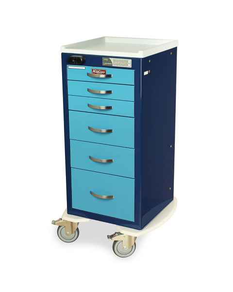 Harloff MPA1830ELP06 A-Series Lightweight Aluminum Mini Width Tall Anesthesia Cart Six Drawers with Electronic Keypad Lock and Proximity Reader.
Color shown in Navy body with Light Blue Drawers.