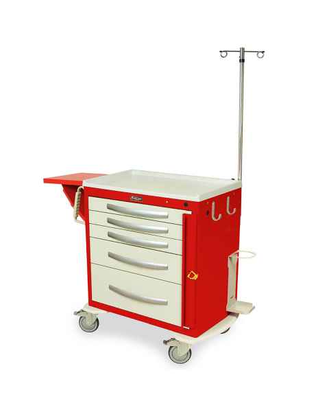 Harloff MPA3024B05+MD30-EMG1 A-Series Lightweight Aluminum Standard Width Short Emergency Crash Cart Five Drawers with Breakaway Lock, MD18-EMG1 Package.  Color shown with a Red body and Cream drawers.