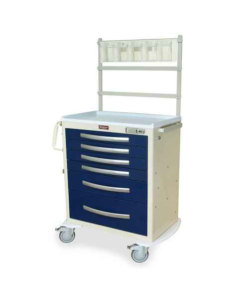 Harloff MPA3027E06+MD30-ANS A-Series Lightweight Aluminum Standard Width Medium Height Anesthesia Cart Six Drawers with Basic Electronic Pushbutton Lock, MD30-ANS Package. Color shown with a Beige body and Navy drawers.