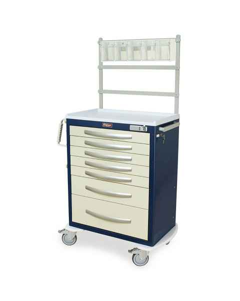 Harloff MPA3030E07+MD30-ANS A-Series Lightweight Aluminum Standard Width Tall Anesthesia Cart Seven Drawers with Basic Electronic Pushbutton Lock, MD30-ANS Package.  Color shown with a Navy body and Cream drawers.