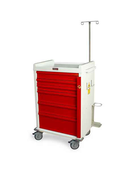 Harloff MR6B-EMG MR-Conditional Emergency Cart Six Drawer with Breakaway Lock, Accessory Package.  Color shown with a White body and Red drawers.