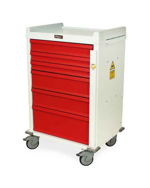 Harloff MR6B MR-Conditional Emergency Cart Six Drawer with Breakaway Lock.  Color shown is White body with Red drawers.