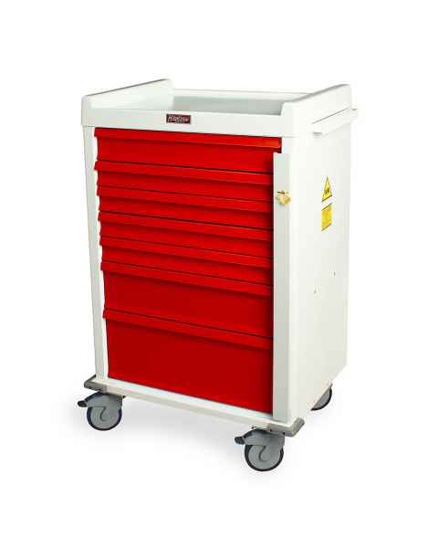 Harloff MR7B MR-Conditional Emergency Cart Seven Drawer with Breakaway Lock.  Color shown is White body with Red drawers.