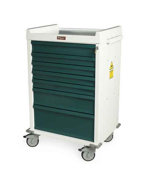 Harloff MR7K MR-Conditional Anesthesia Cart Seven Drawer with Key Lock.  Color shown is White body with Hammerton Green drawers.