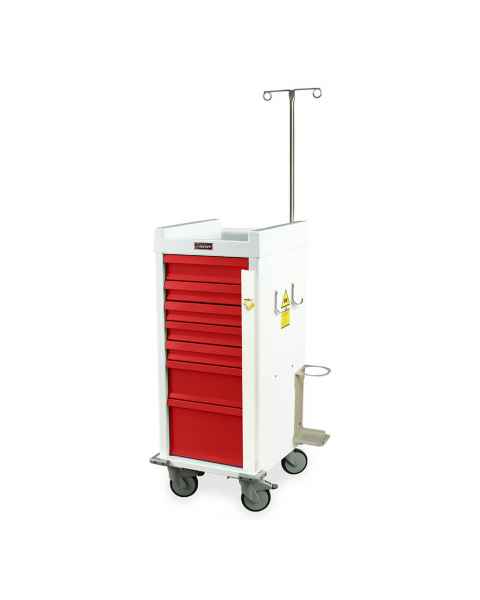 Harloff MRN7B-EMG Narrow Body MR-Conditional Emergency Cart Seven Drawers with Breakaway Lock, Accessory Package. Color shown with White body and Red drawers.