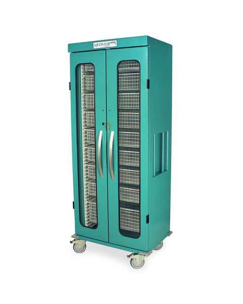 Harloff MSPM80-00GK MedStor Max Slimline Single Column Medical Storage Cart with Glass Doors, Key Lock, Teal (Shown with Wire Baskets, each sold separately)