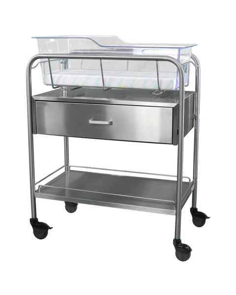 Stainless Steel Hospital Bassinet Carrier With Drawer & Bottom Shelf