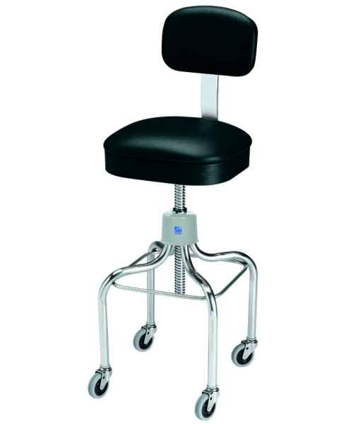 Pedigo Adjustable Stainless Steel Stool with Square Cushioned Seat, Backrest & Casters