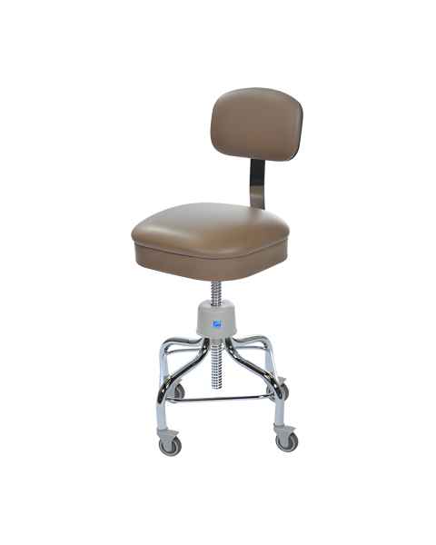 Pedigo P-51 Series Adjustable Square Seat Chrome Stool with Backrest, Casters, and Beige Upholstery