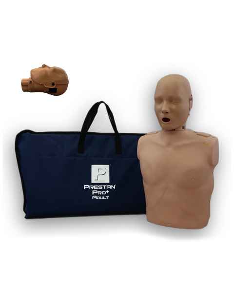 Prestan PP-AMP-100M-DS PRO+ Adult Manikin with CPR Feedback, Standard Face-Shield, Single Unit, Dark Skin Tone - Set with an Illustration of Head in Side View