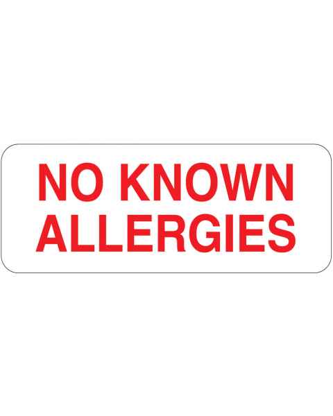 NO KNOWN ALLERGIES Label - Size 2 1/4"W x 7/8"H